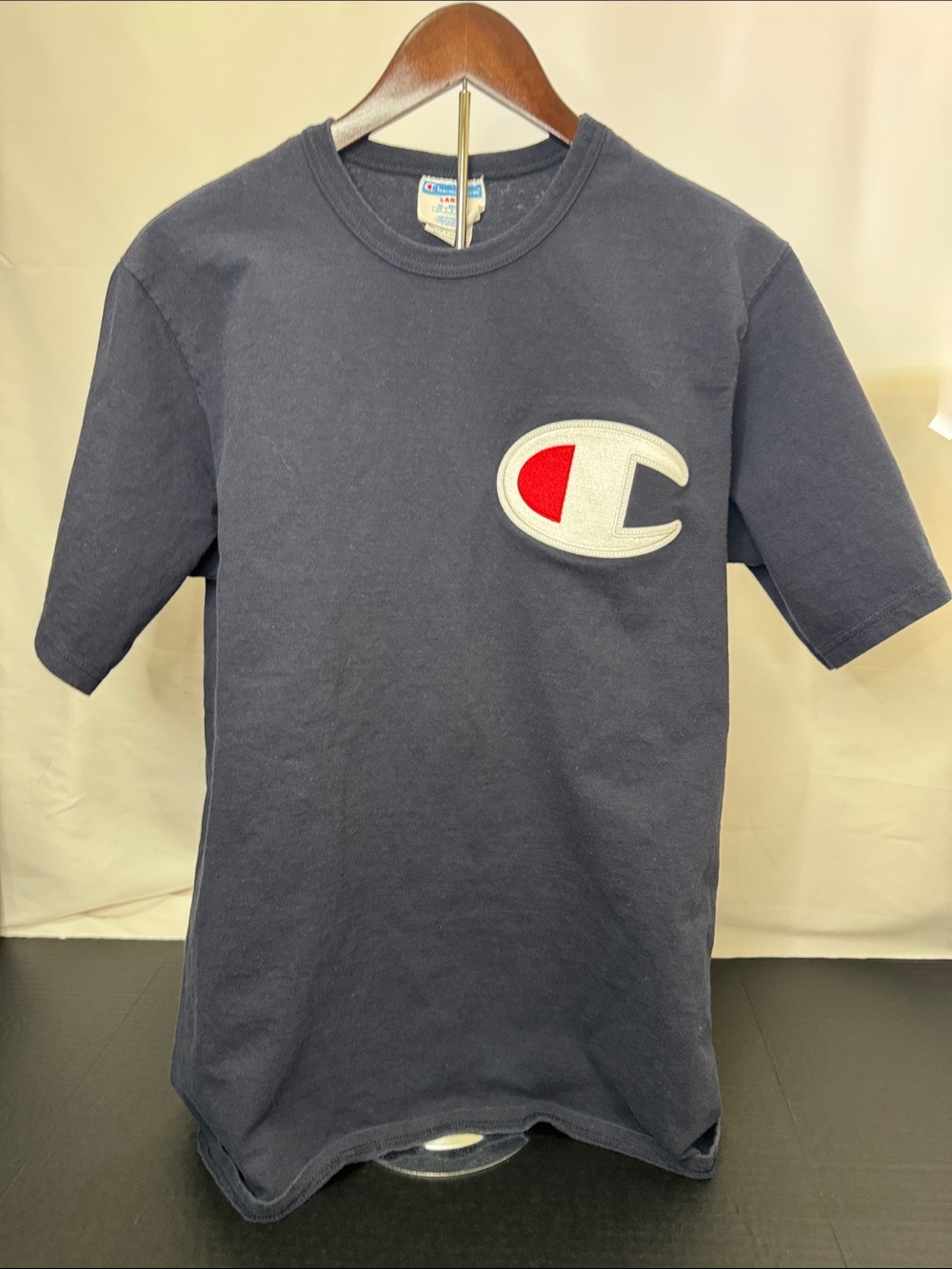 Champion vintage Navy Short-Sleeve Tee with Red & White Patch Logo large men’s